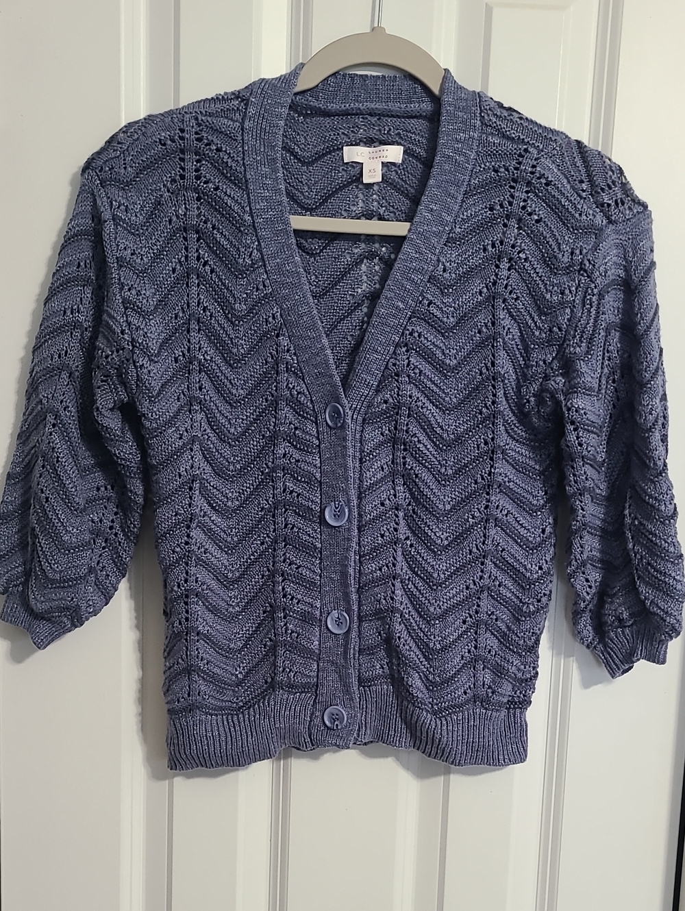 LC Lauren Conrad Periwinkle Crochet Chevron Button-Up Cardigan